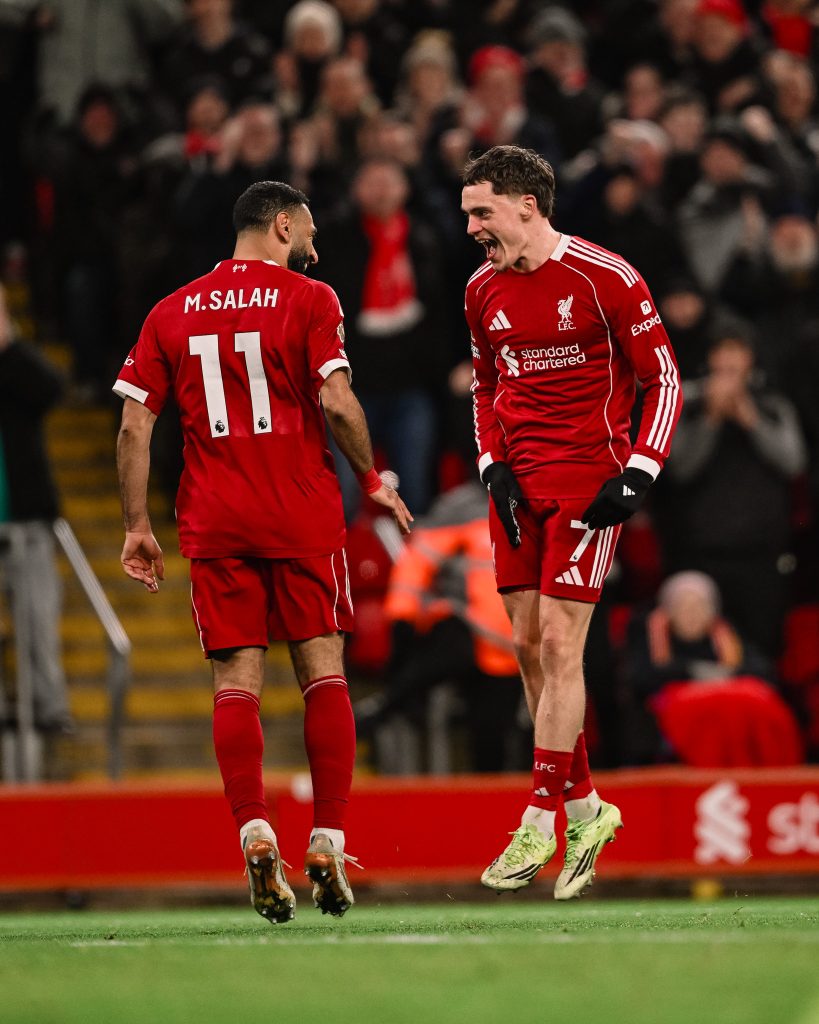 Florian Wirtz celebrates with Mo Salah after scoring (Photo Credit: Liverpool via X)