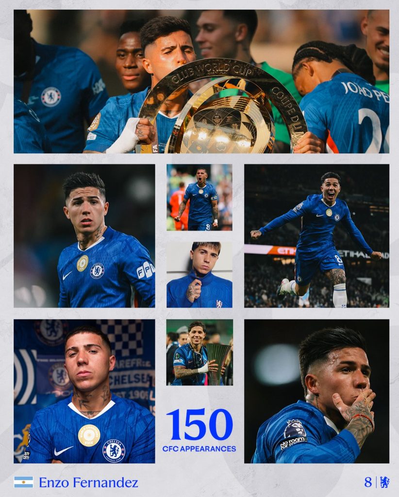 Chelsea FC celebrate Enzo Fernandez 150th appearance for the club (Photo Credit: Chelsea via X)