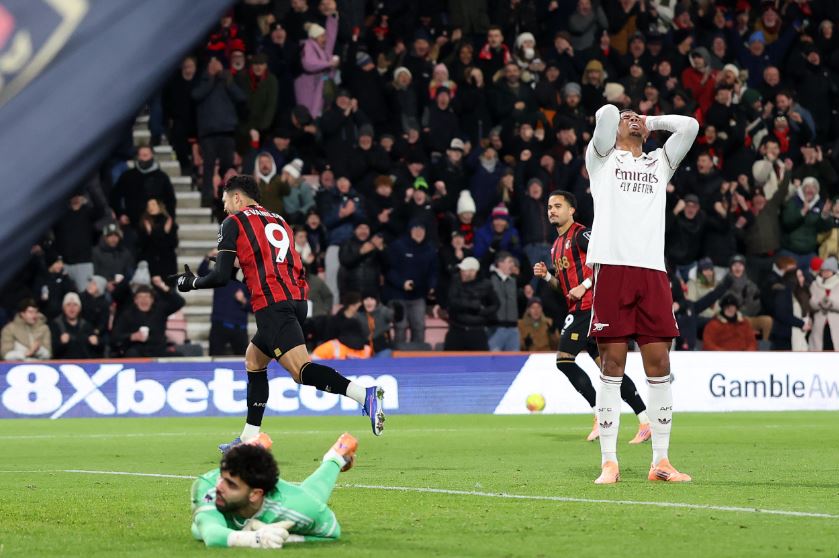 Evanilson scores for Bournemouth. (Photo Credit: Premier League Media).