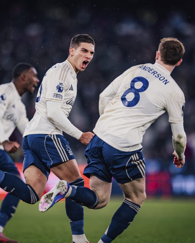 Nico Dominguez with the leveller. (Photo Credit: Nottingham Forest via X)