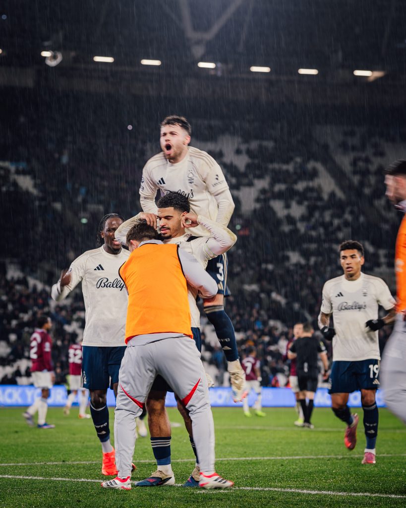 Nottingham Forest Players celebrate after Morgan Gibbs White Winner (Photo Credit: Nottingham Forest via X)