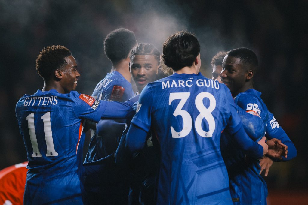 Jorrel Hato celebrating his first Chelsea goal with his teammates (Photo Credit: Chelsea via X)