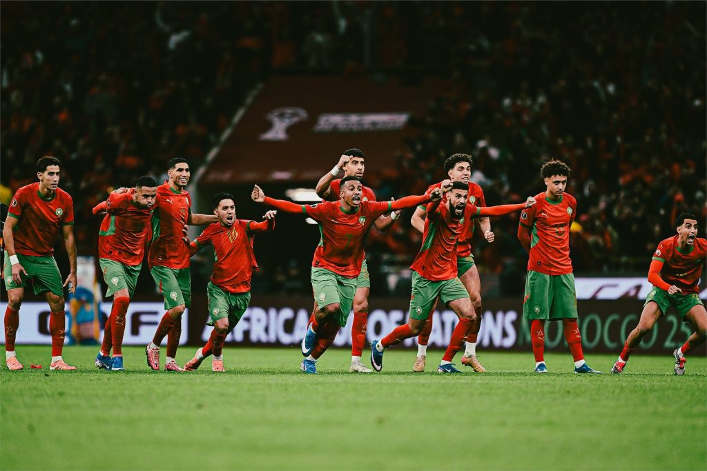 Morocco players celebrate after wining the penalty shootout ( Photo Credit: CAF via X)
