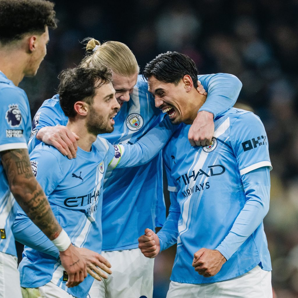Tijjani Reijnders Celebrates with teammates after scoring for Manchester City (Photo Credit: Manchester City via X)