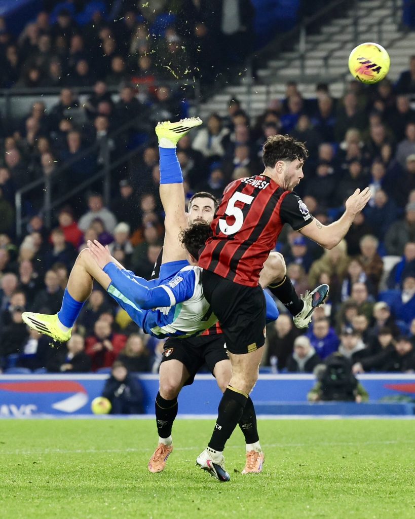 Charalampos Kostoulas scoring an overhead kick to draw Brighton level late on (Photo Credit: Brighton via X)