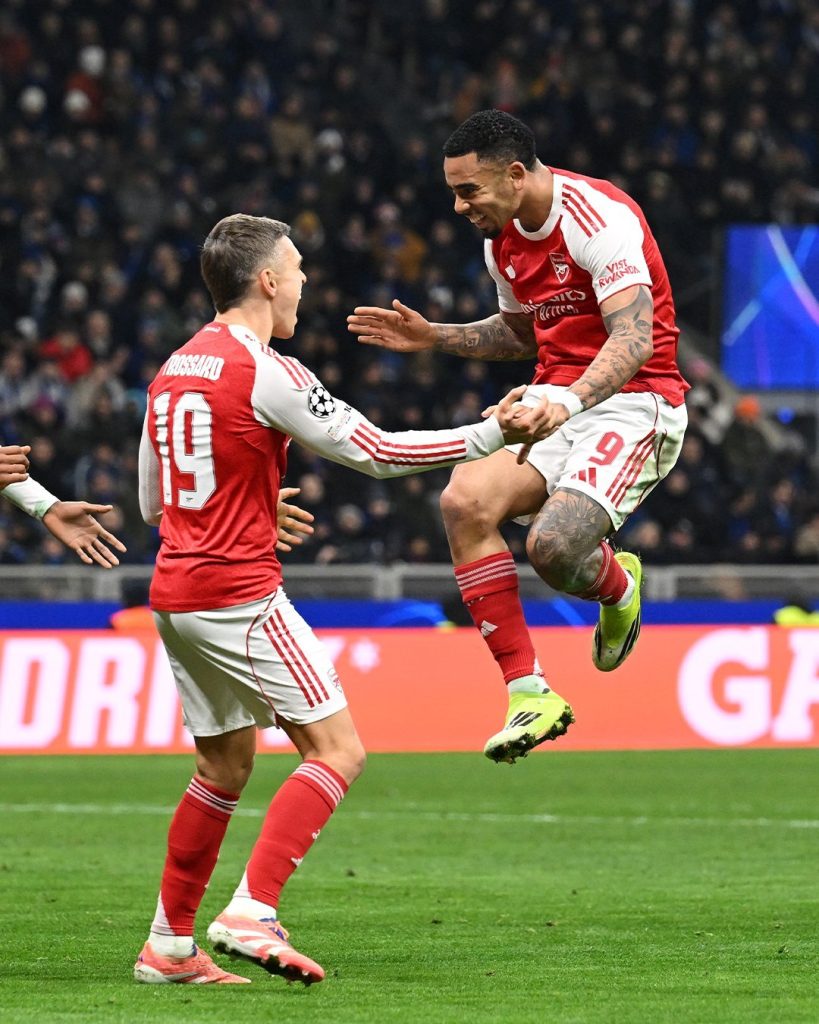 Gabriel Jesus Celebrate with Leonardo Trossard after scoring for Arsenal (Photo Credit: UCL via X)
