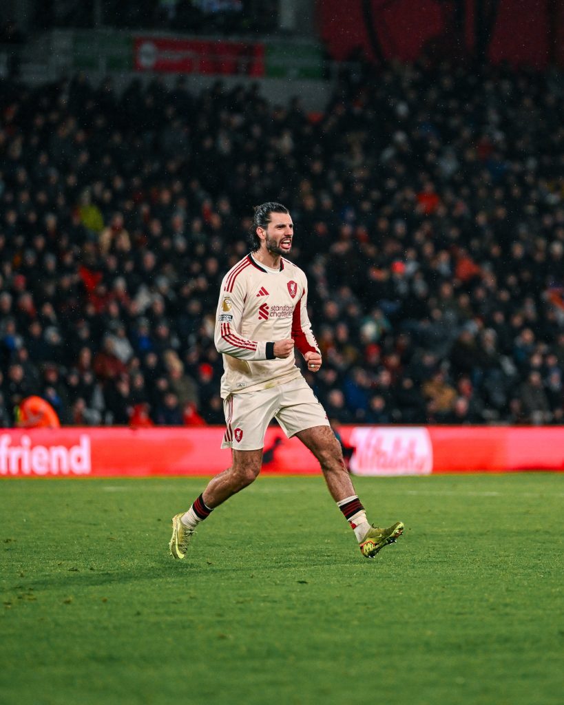 Dominic Szobozlai after equalizing for Liverpool (Photo Credit: Liverpool via X)