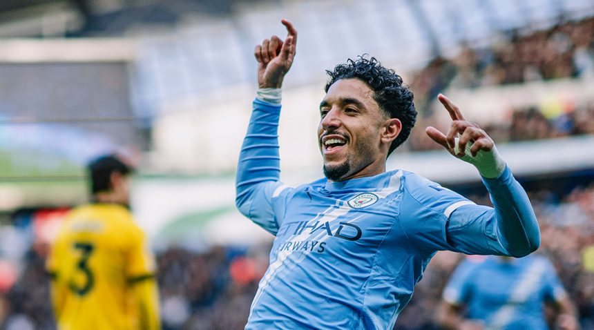 Omar Marmoush celebrates after scoring (Photo Credit: Manchester City via X)