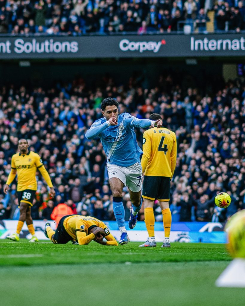 Omar Marmoush celebrates after scoring (Photo Credit: Manchester City via X)
