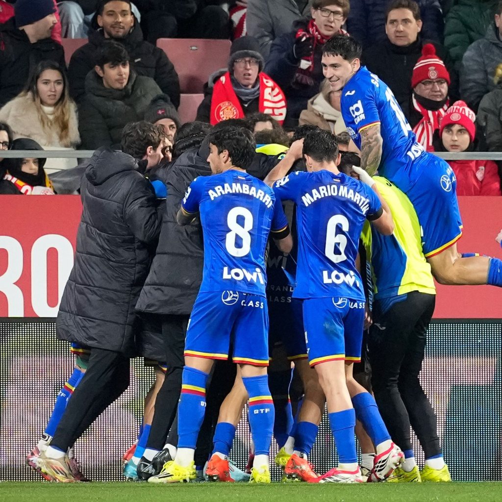 Getafe players celebrate after scoring (Photo Credit: La Liga via X)