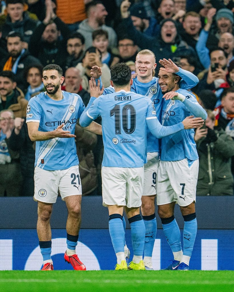 Manchester City players celebrate after scoring (Photo Credit: Manchester City via X)