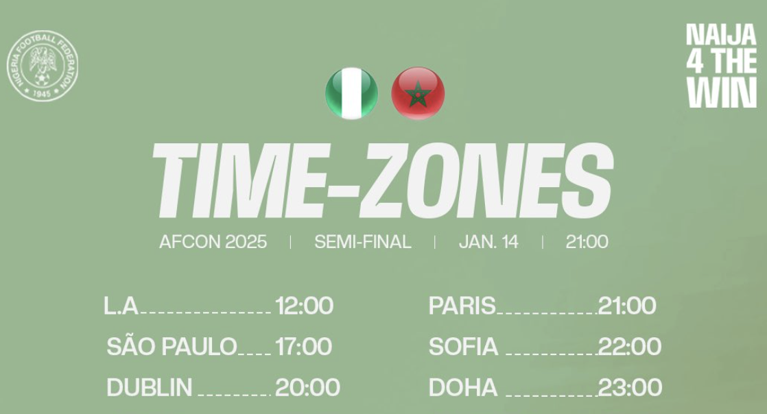 Time Zones for Nigeria vs Morocco AFCON2025 Semi-Final Clash - Photo Credit : Super Eagles, X
