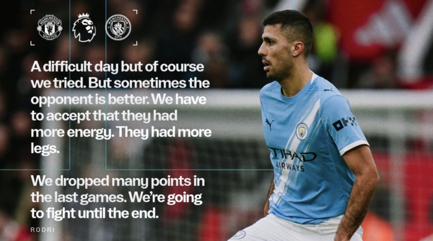 Rodri Admits Fatigue as Man City Fall 2–0 to Manchester United - Photo Credit : Manchester City, X