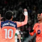 Barcelona celebrating their win against elche.(photo credit: barcablaugranes media)