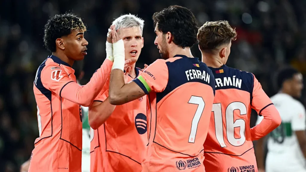 Barcelona celebrating their win. (photo credit: si media)