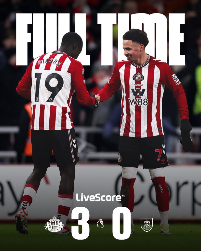 Full time Match report image as Sunderland beat Burnley 3-0 at the Stadium of Light (Photo Credit: Sunderland via X)