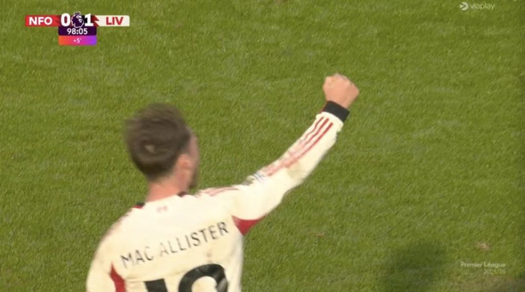 Alexis Mac Allister scores the winning goal for Liverpool against forest in the 90+8 minute - Photo Credit : Beyond The Match, Facebook