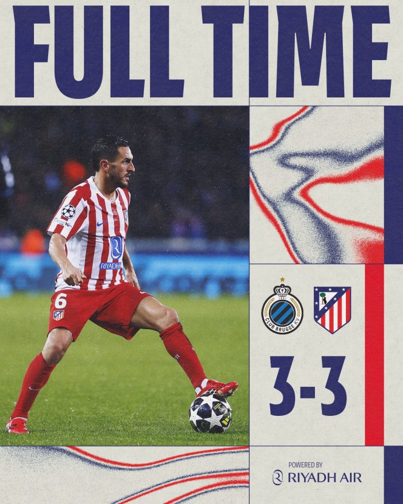 Atlético de Madrid were held to a 3-3 draw by Club Brugge KV in champions league 2025:26 encounter - Photo Credit : Atlético de Madrid, X