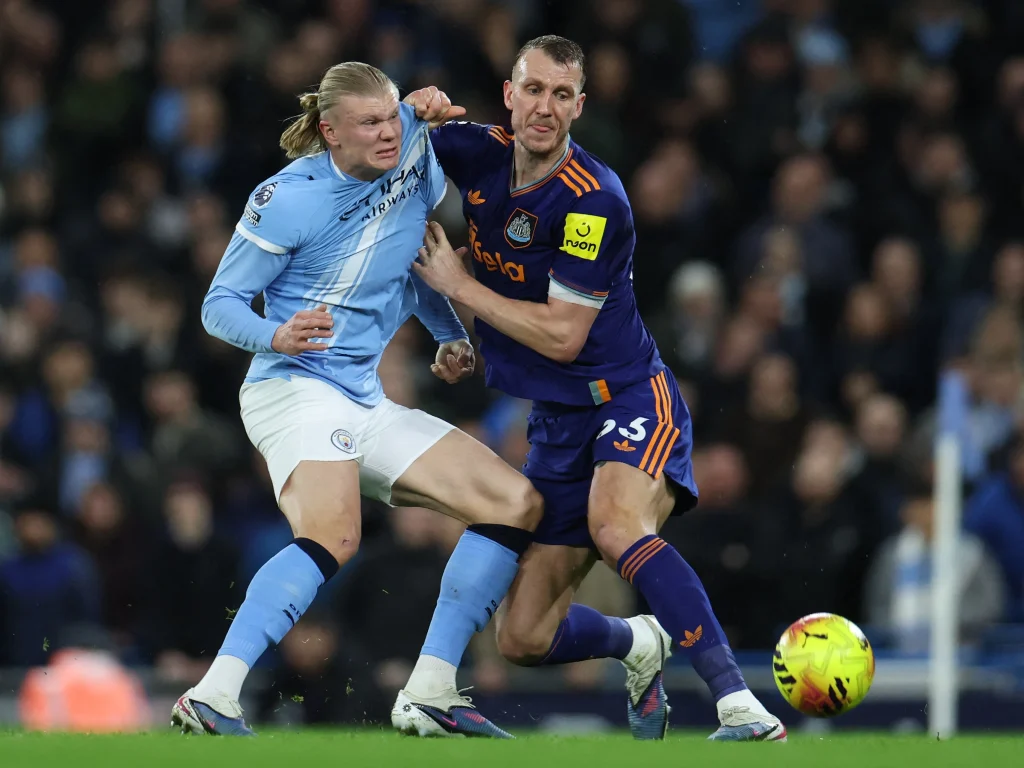 Erling Haaland wining a duel in Manchester City’s 2-1 victory over Newcastle United - Photo Credit :  Newcastle United Website