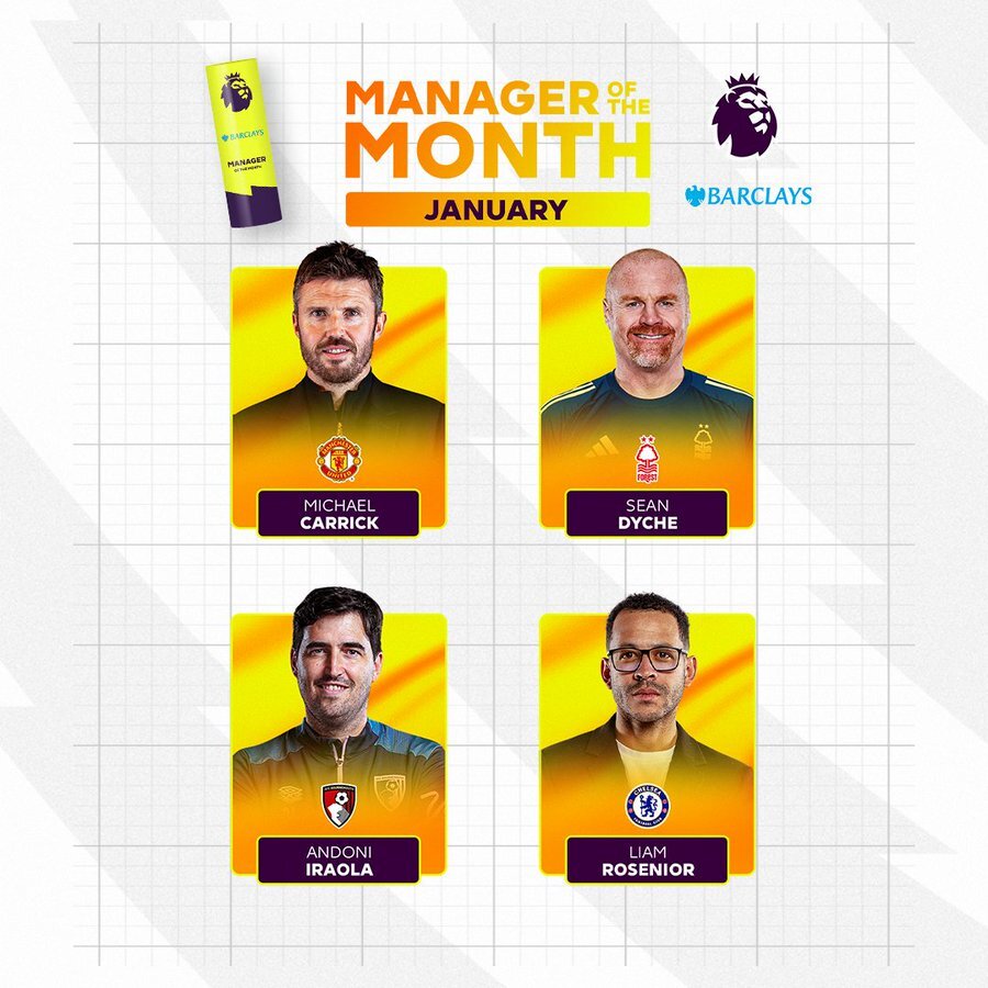 Premier League coach of the Month Nominees for January (Photo Credit: Premier league via X)