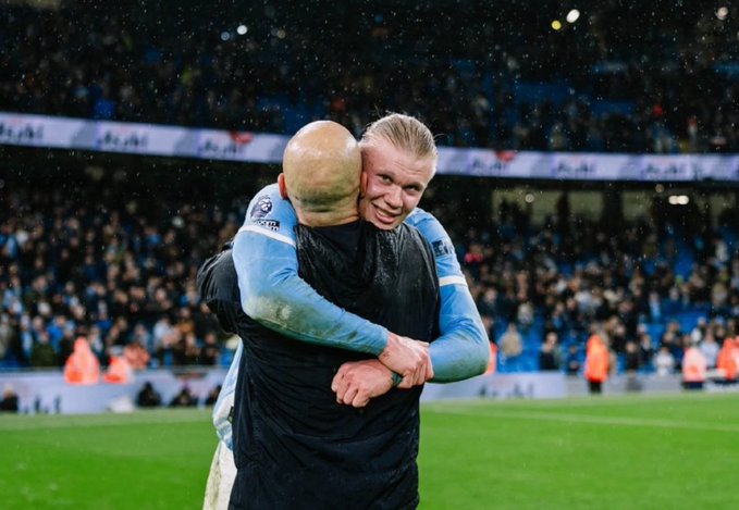 Erling Haaland Hugging Pep. (photo credit: fabrizio romano via x )