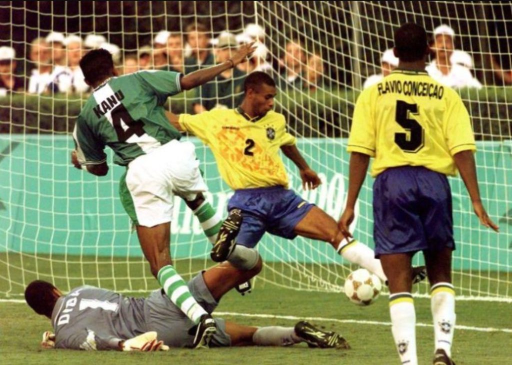 Kanu Nwankwo scores the winner against Brazil in the Olympics semifinals. (Photo Credit: FIFA Media).