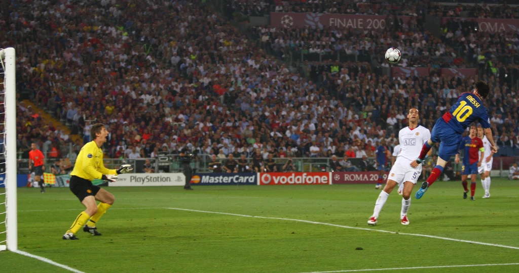 Messi famous header against Manchester United in the 2009 final in Rome - Photo Credit : Thesun UK