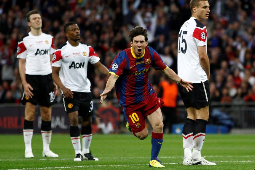 Messi score in a Champions League final in 2011 at the age of 23, playing for FC Barcelona against Manchester United at Wembley Stadium - Photo Credit : Thetimes
