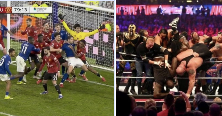 During Manchester United F.C.’s 1–0 win over Everton F.C., players were seen crowding goalkeeper Senne Lammens during corner kicks and WWE royal rumble match - Photo Credit : Softfootball Media