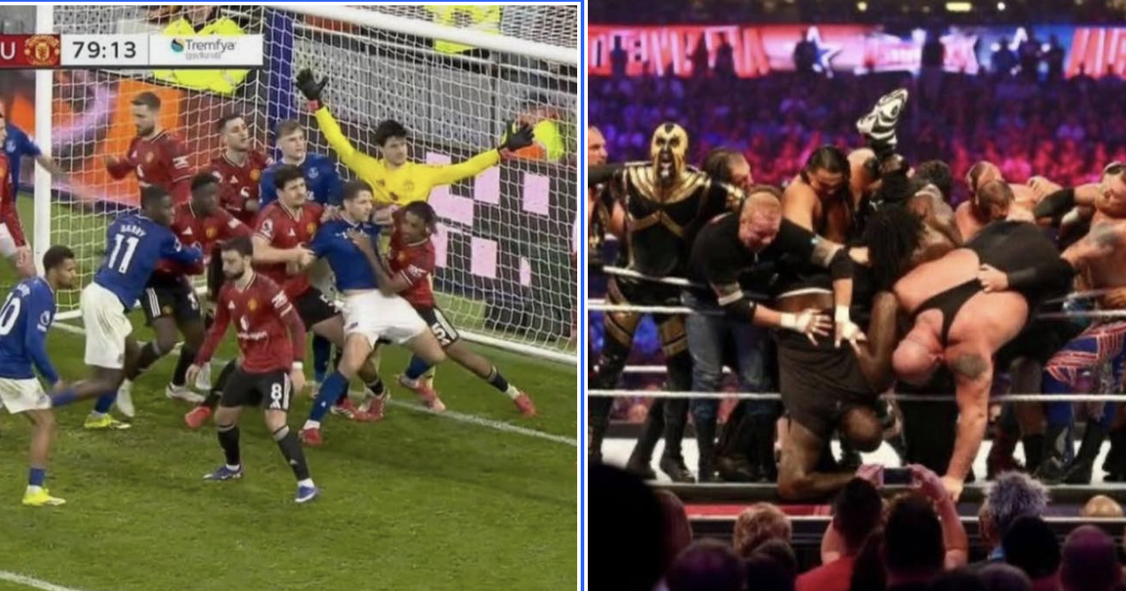 During Manchester United F.C.’s 1–0 win over Everton F.C., players were seen crowding goalkeeper Senne Lammens during corner kicks and WWE royal rumble match - Photo Credit : Softfootball Media