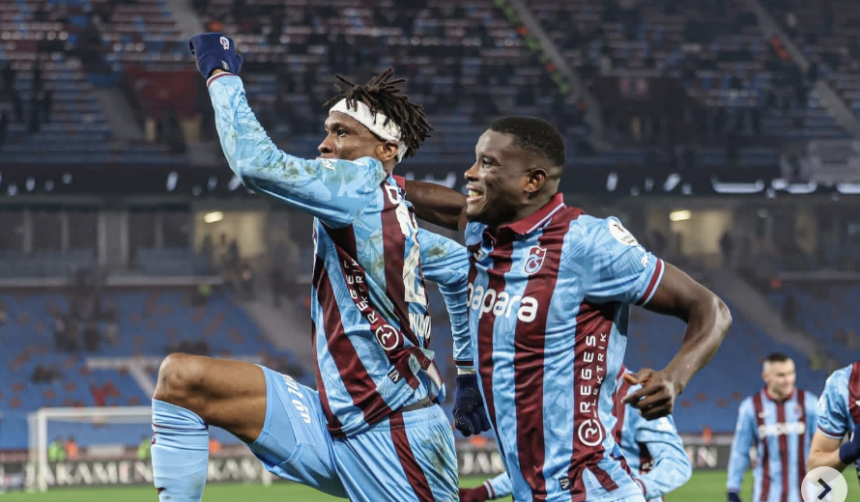 Paul Onuachu and Chibuike Nwaiwu rejoicing after scoring all three goals as Trabzonspor defeated Fatih Karagümrük 3-1 in the Süper Lig - Photo Credit : afrikfootng