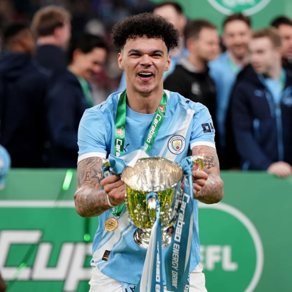Nico O’Reilly  with the carabao cup (photo credit: Fabrizio Romano via x)