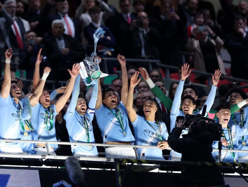 Manchester City captain Bernardo Silva lift the League Cup trophy at Wembley (Photo credit: Fabrizio Romano via x)