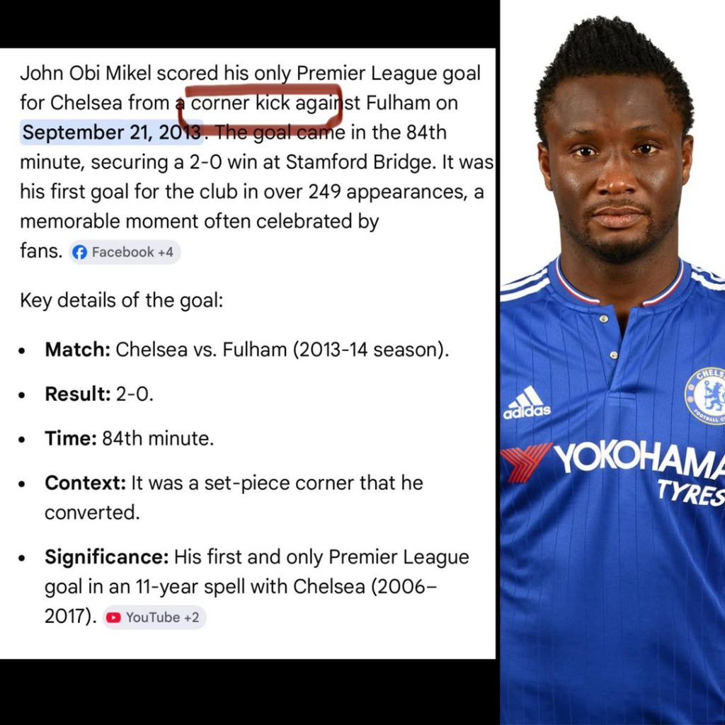 A Facebook post by popular content creator Young Noble Commentary has sparked discussion online after revisiting a unique statistic involving former Chelsea midfielder John Obi Mikel - Photo Credit : Young Noble Commentary, Facebook