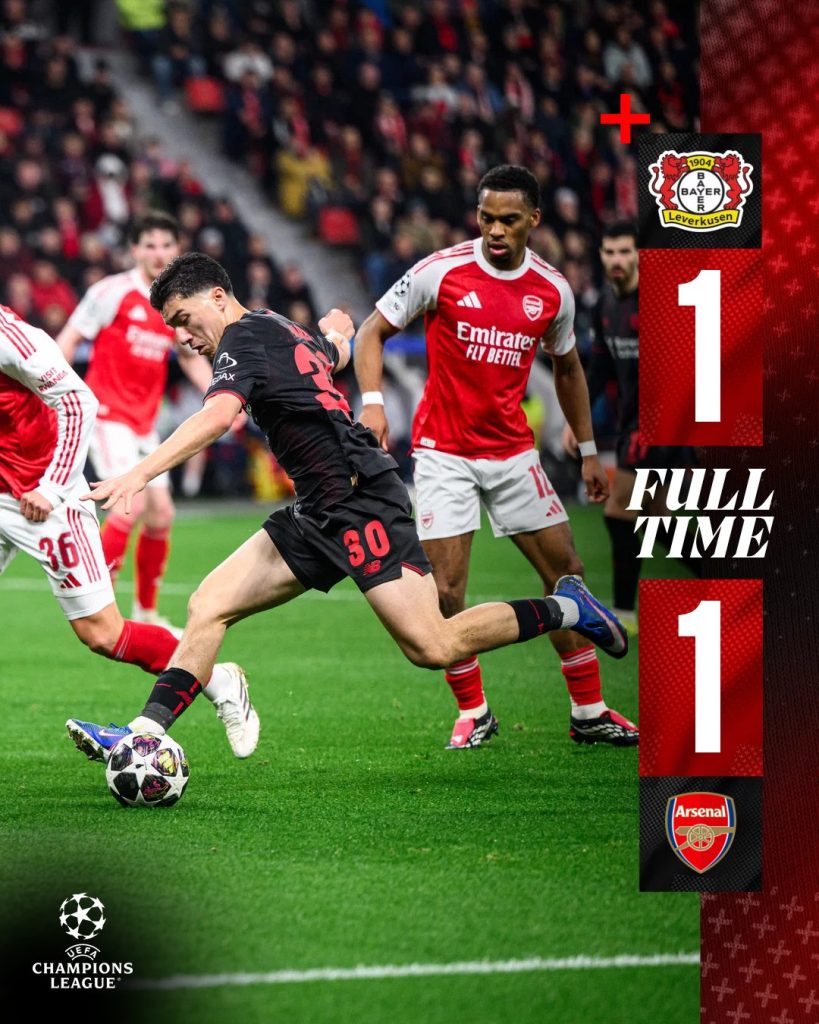 Arsenal held to a 1–1 draw away to Bayer 04 Leverkusen on Wednesday, March 11, in their UEFA Champions League Round of 16 clash - Photo Credit :  Bayer 04 Leverkusen, X