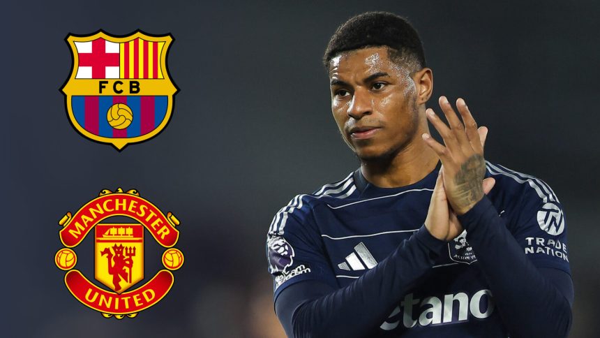 Barcelona and Manchester United Logo with Marcus Rashford - Photo Credit : TEAMtalk