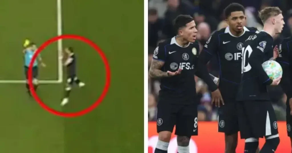 Enzo Fernandez given yellow card for PRAISING referee as for awarding chelsea a free kick for the foul against Malo Gusto in chelsea 4-1 win over Aston Villa - Photo Credit : Tribuna