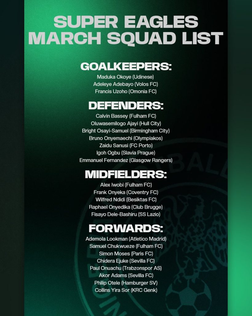 Eric Chelle Announces Super Eagles Squad for March 2026 Friendlies - Photo Credit : Super Eagles, X