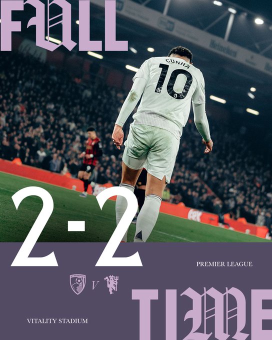 Manchester united 2-2 bournemouth.(photo credit: man united via x)