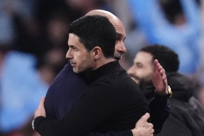 Mikel Arteta congratulates Pep Guardiola on Caraboa cup win- Photo credit: Fabrizio Romano via X