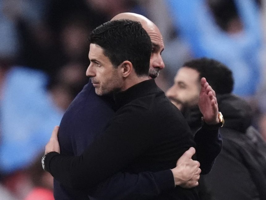 Mikel Arteta congratulates Pep Guardiola on Caraboa cup win- Photo credit: Fabrizio Romano via X