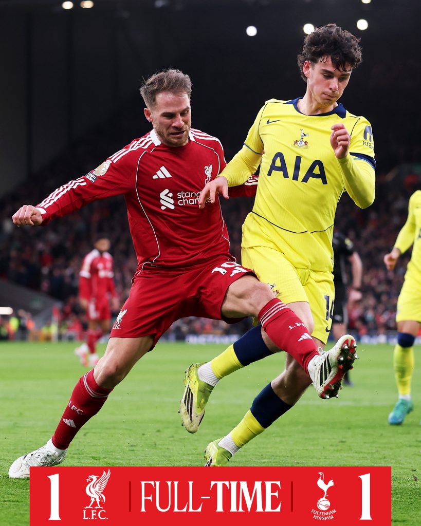 Liverpool held 1–1 by struggling Tottenham at Anfield - Photo Credit : Liverpool, X