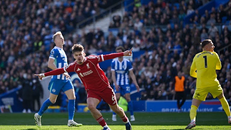 Liverpool's Milos Kerkez celebrates scoring Liverpool first goal against brighton in round 31 of 25:25 English premier League - Photo Credit : Reuters