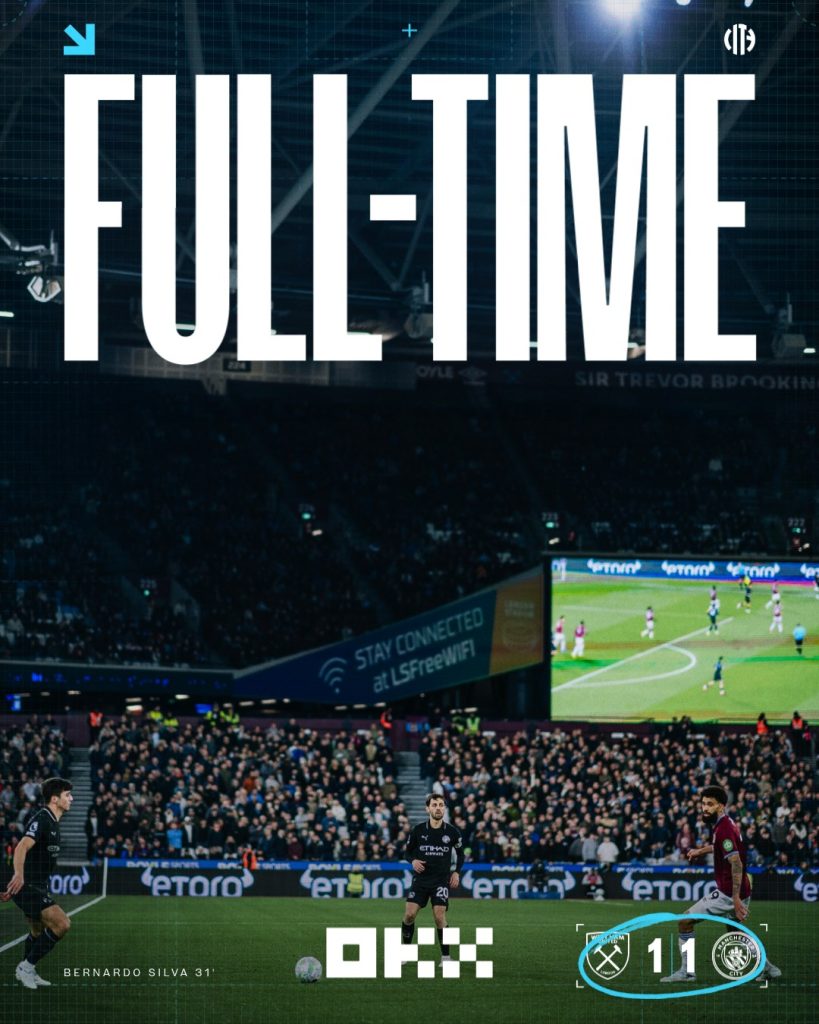 Manchester City Drop Points Again After 1–1 Draw With West Ham - Photo Credit : Manchester City, X
