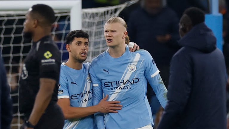 Manchester City's Erling Haaland and Matheus Nunes look dejected after Mancity 2-2 with Nottingham forest - Photo Credit : Reuters