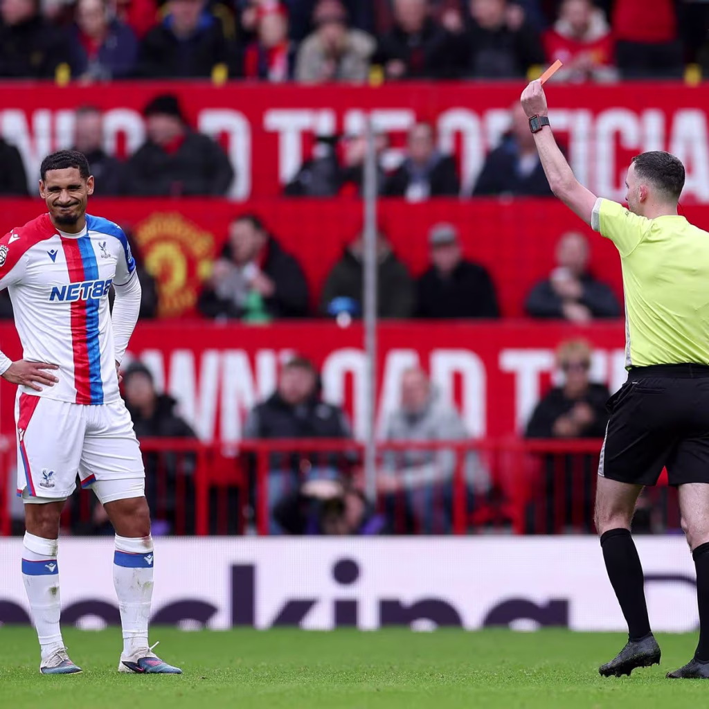 Maxence Lacroix saw a straight red card in the 56th minute in palace 2-1 loss to manchester united - Photo Credit : The Mirror