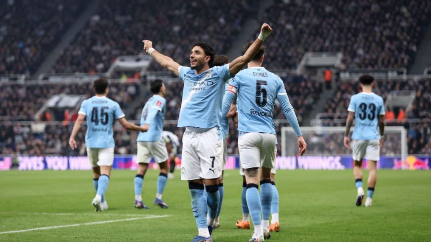 Omar Marmoush Celeberating after scoring in Manchester City 3-1 win over newcastle to qualify for the Sixth Round of the FA Cup - Photo Credit : ESPN