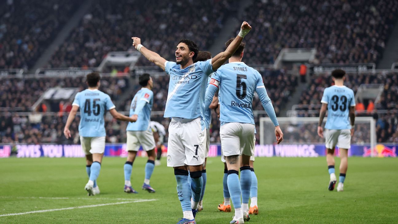 Omar Marmoush Celeberating after scoring in Manchester City 3-1 win over newcastle to qualify for the Sixth Round of the FA Cup - Photo Credit : ESPN