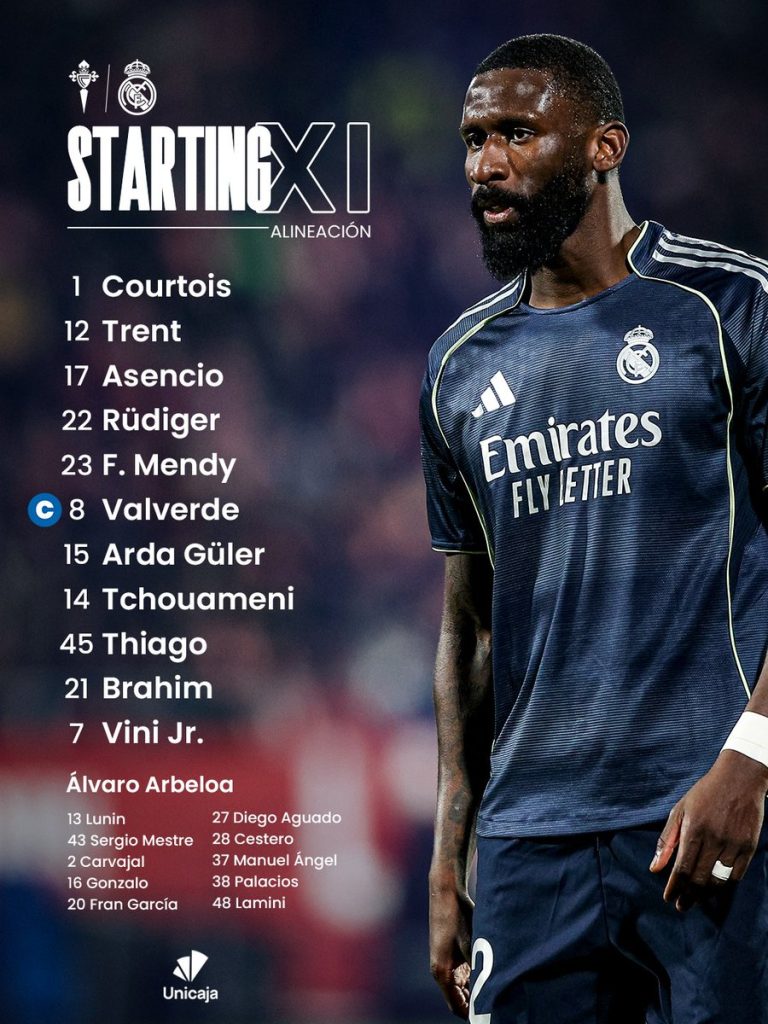 Real Madrid Starting XI for Celta Vigo Clash Without Injured Mbappé - Photo Credit : Real Madrid, X