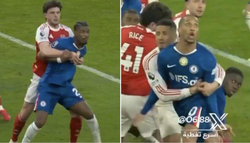 William Saliba in a tussle with João Pedro inside the box and Rice’s physical contact, including holding and possible hand involvement during an aerial challenge with hato - Photo Credit : Beyond the match, Facebook